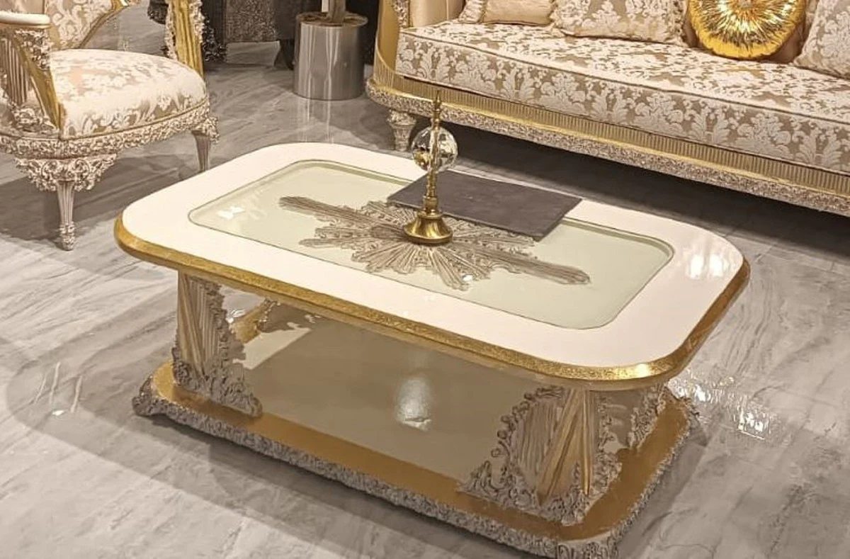Luxus Barock Couchtisch Weiß / Gold - Handgefertigter Massivholz Wohnzimmertisch im Barockstil - Prunkvolle Barock Wohnzimmer Möbel
