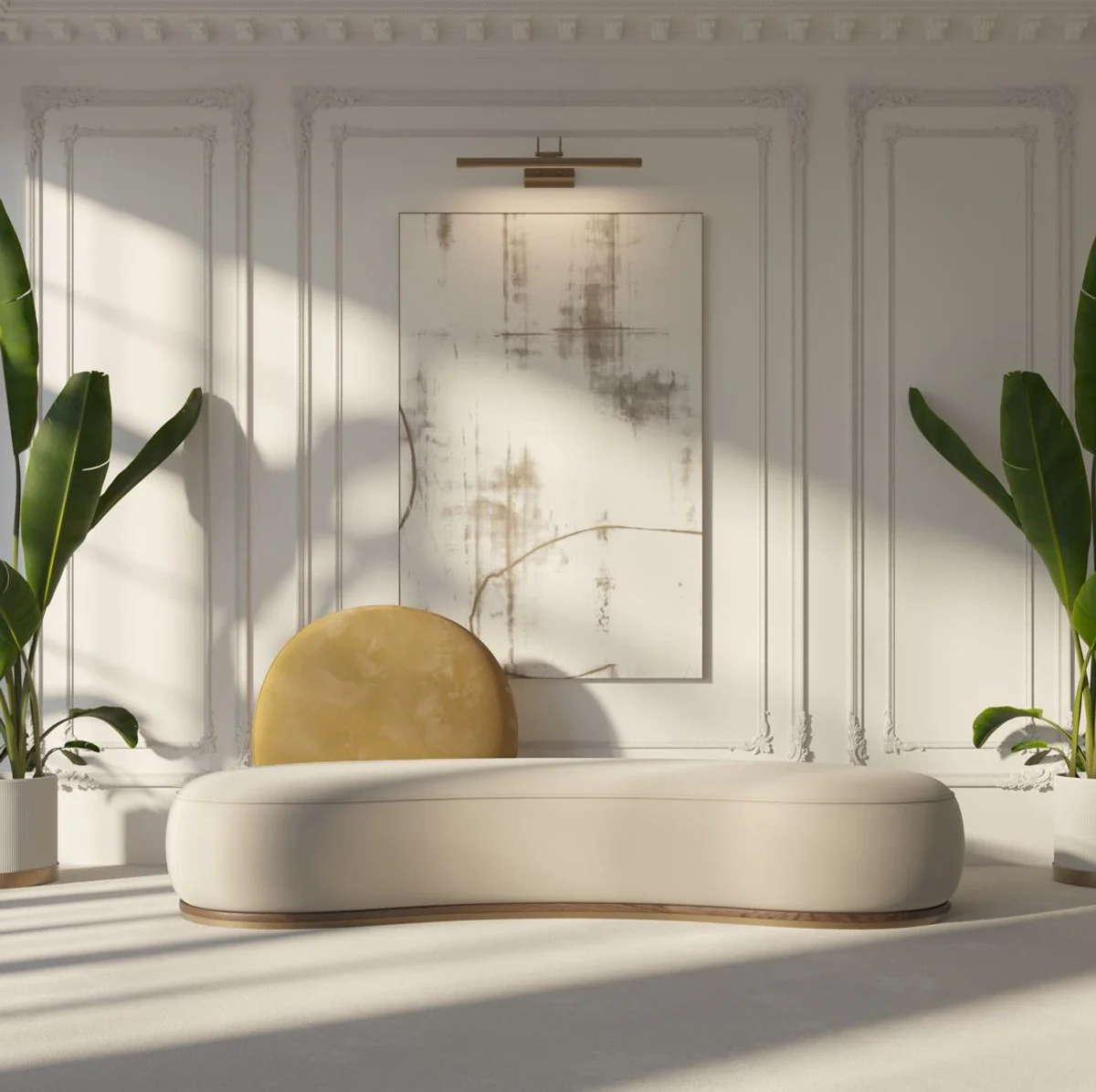 Luxus Samt Sofa Grau / Beige / Braun / Messing 230 x 100 x H. 86 cm - Gebogenes Wohnzimmer Sofa - Hotel Sofa - Wohnzimmer Möbel - Hotel Möbel - Luxus Möbel