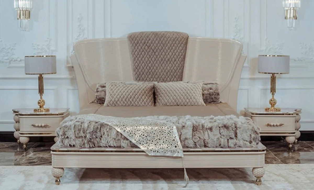 Luxus Art Deco Schlafzimmer Set Beige / Grau / Gold - 1 Doppelbett mit Kopfteil & 2 Nachttische - Art Deco Schlafzimmer & Hotel Möbel - Luxus Kollektion