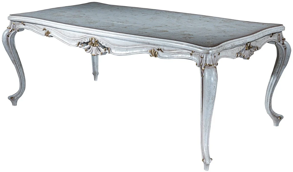 Luxus Barock Esstisch Antik Weiß / Gold 201 x 102 x H. 80 cm - Massivholz Küchentisch - Esszimmertisch - Esszimmer Möbel im Barockstil