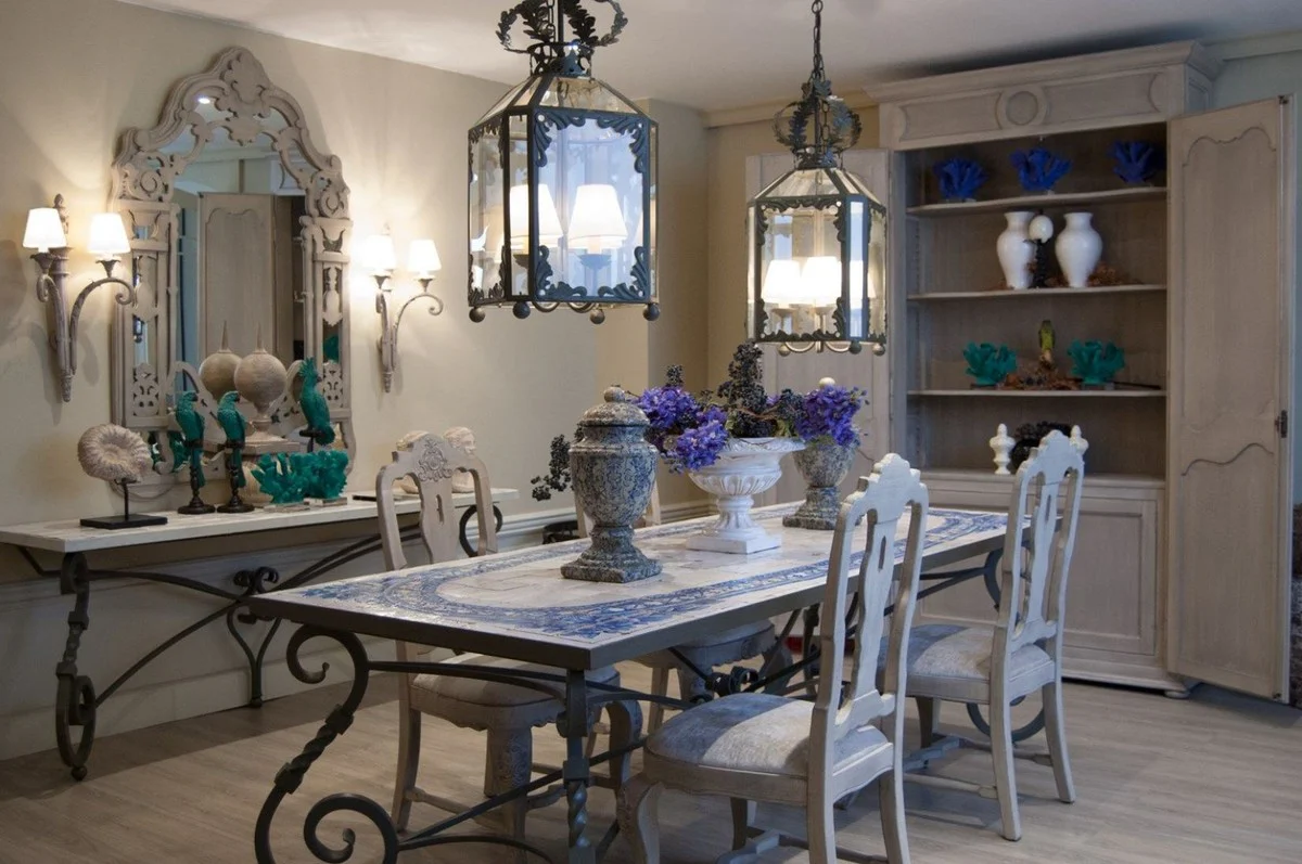 Luxus Barock Esstisch Untergestell Grau / Messingfarben - Handgeschmiedetes Schmiedeeisen Gestell - Esszimmer Garten Terrassen Möbel