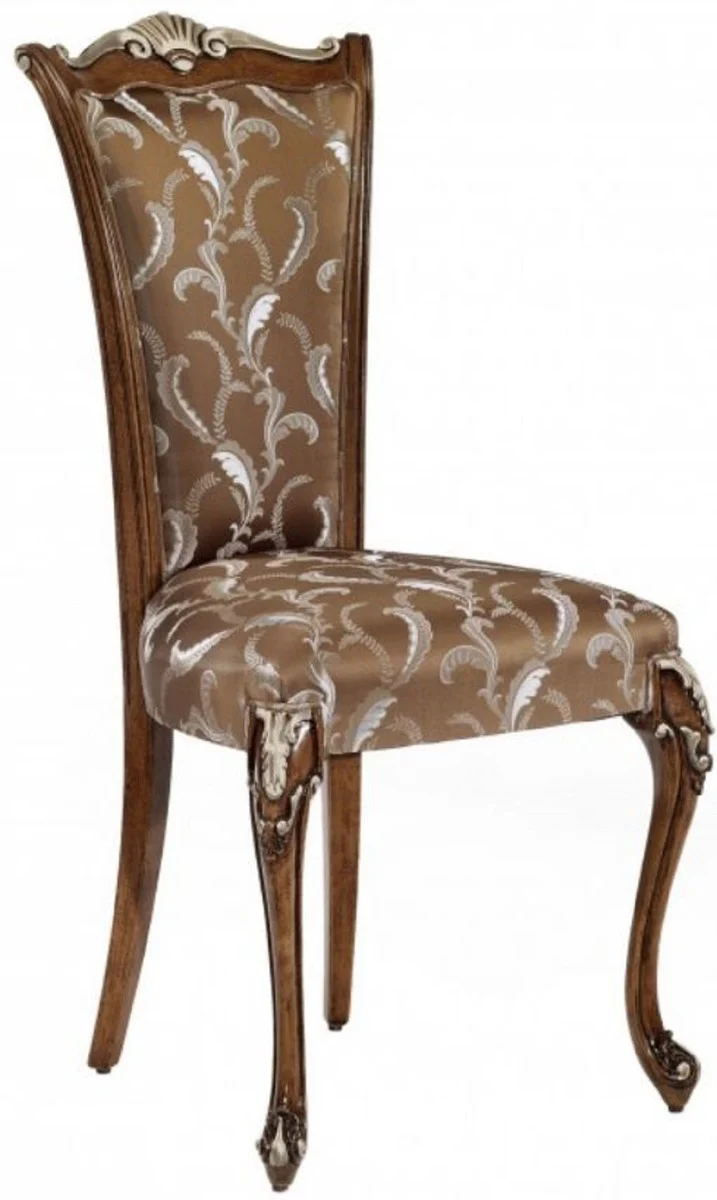 Luxus Barock Esszimmerstuhl Set Braun / Weiß / Silber - Handgefertigtes Küchen Stühle 6er Set - Barock Esszimmer Möbel - Luxus Qualität - Made in Italy