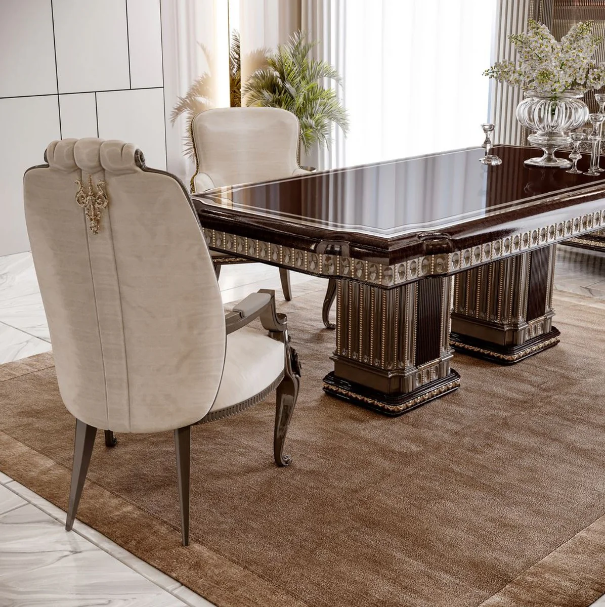 Luxus Barock Esstisch Dunkelbraun / Grau 250 cm