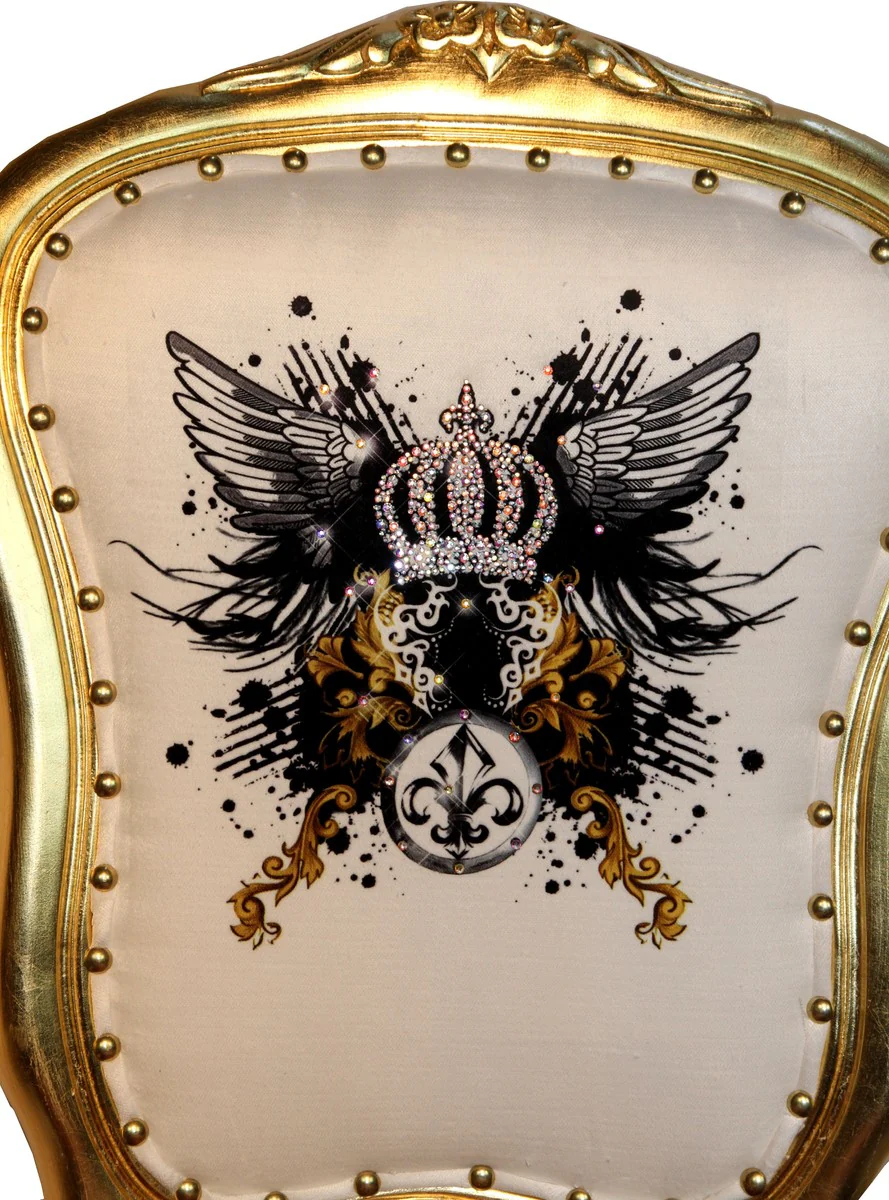 Pompöös by Luxus Barock Esszimmer Stuhl Leopard / Weiß / Gold Glitzerkrone & Engelsflügel - Pompööser Barock Stuhl designed by Harald Glööckler