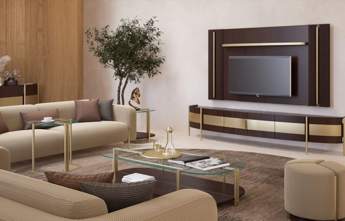 Luxus Couchtisch Dunkelbraun / Messing 155 x 75 x H. 35 cm - Wohnzimmertisch mit Glasplatte - Wohnzimmer Möbel - Hotel Möbel - Luxus Möbel - Luxus Einrichtung