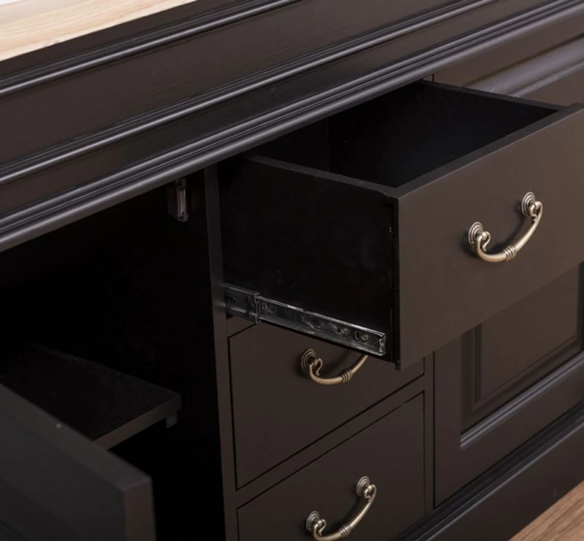 Landhausstil Badezimmer Set Schwarz / Naturfarben - 1 Doppelwaschtisch & 1 Wandspiegel - Massivholz Badezimmermöbel im Landhausstil