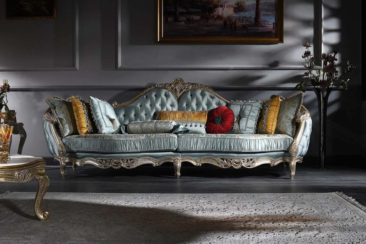 Luxus Barock Sofa Türkis / Silber / Gold 310 x 99 x H. 113 cm - Prunkvolles Chesterfield Wohnzimmer Sofa im Barockstil