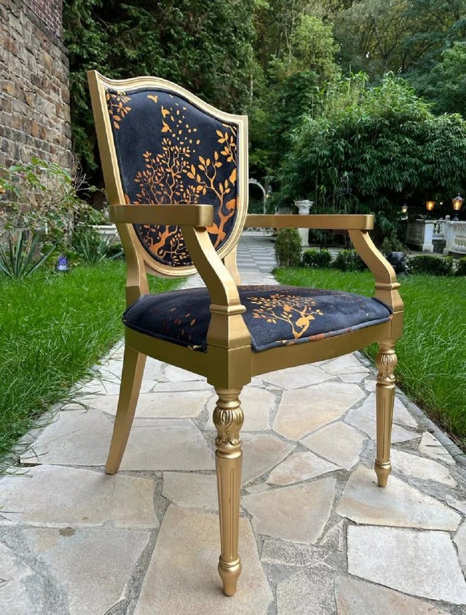 Luxus Art Deco Esszimmer Stuhl Schwarz / Gold - Eleganter Massivholz Stuhl mit Armlehnen - Art Deco Esszimmer Möbel