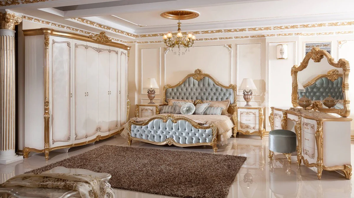 Luxus Barock Schlafzimmer Set Türkis / Weiß / Braun / Gold - 1 Doppelbett mit Kopfteil & 2 Nachtkommoden - Barock Schlafzimmer Möbel - Luxus Möbel im Barockstil - Edel & Prunkvoll