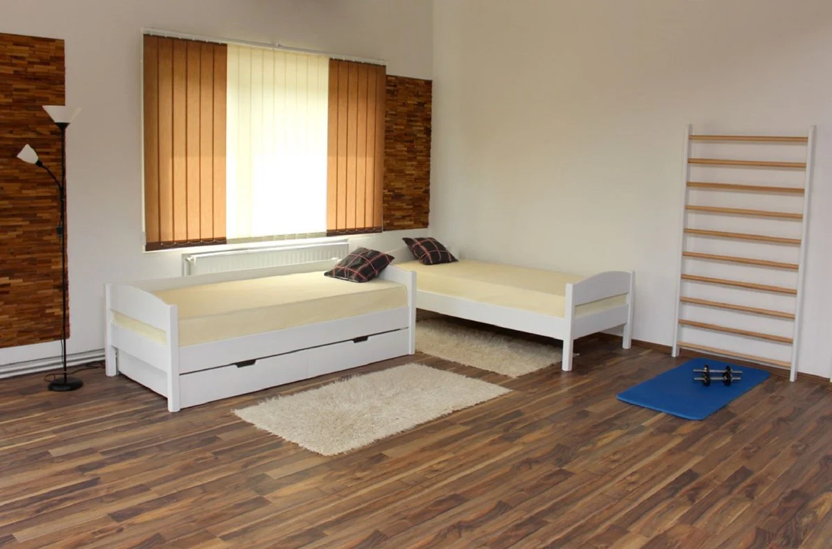 Luxus Massivholz Kinder Etagenbett Weiß / Naturfarben 211 x 98 x H. 185 cm - Multifunktions Kinderbett mit Leiter und Sprossenwand - Kinderzimmer Möbel