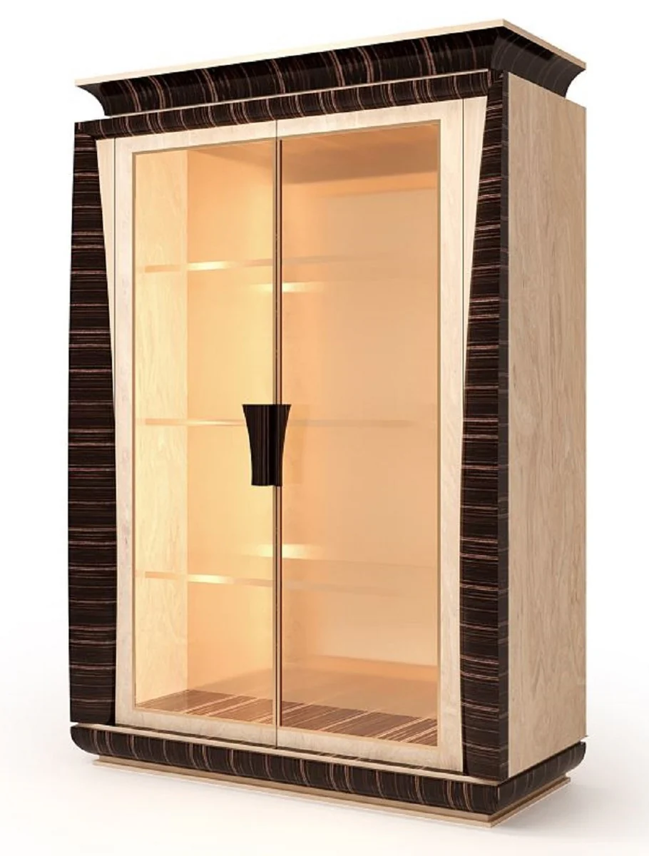 Luxus Vitrine Naturfarben / Dunkelbraun 139 x 61 x H. 205 cm - Massivholz Vitrinenschrank mit 2 Glastüren - Wohnzimmer Möbel - Hotel Möbel - Luxus Qualität - Made in Italy