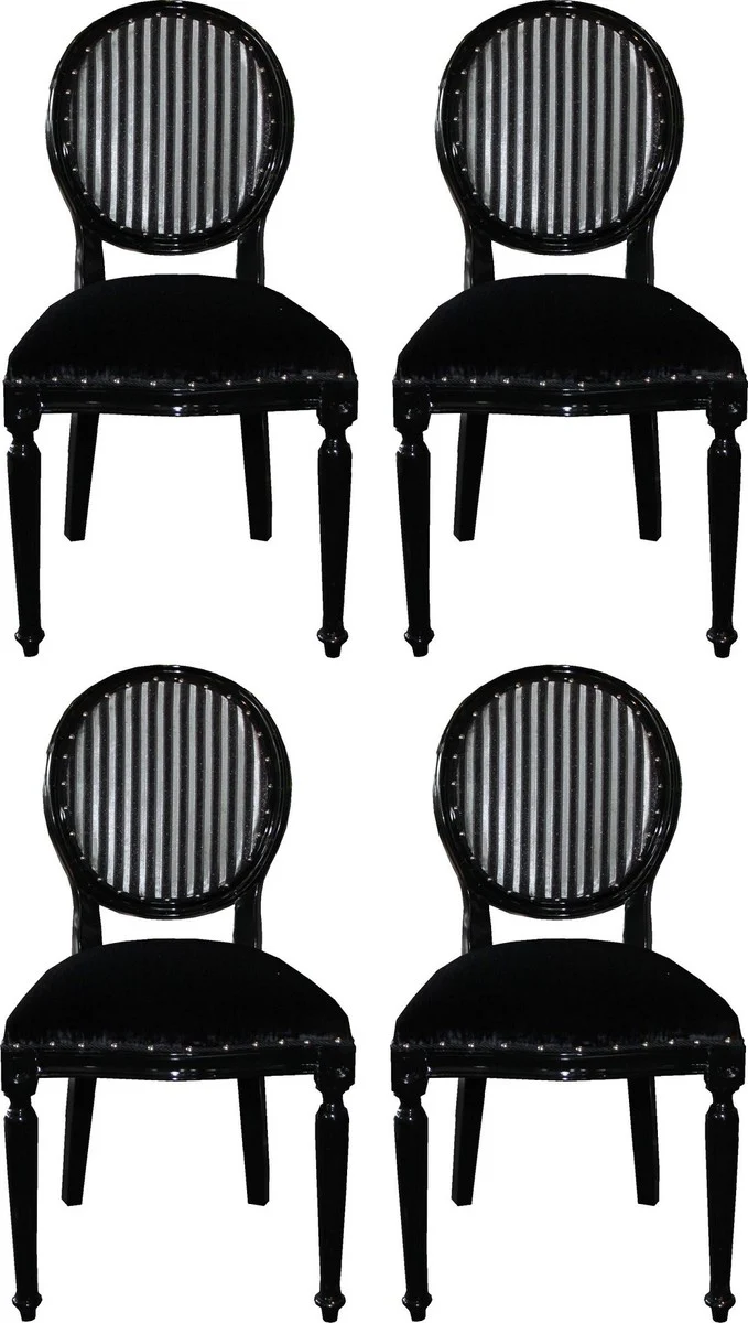 Luxus Barock Esszimmer Set Medaillon Schwarz / Silber 50 x 52 x H. 99 cm - 4 handgefertigte Esszimmerstühle - Barock Esszimmermöbel