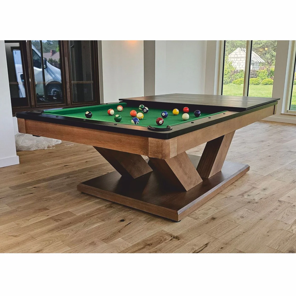 Luxus Pool Billardtisch / Esstisch 8ft Braun / Schwarz / Grün