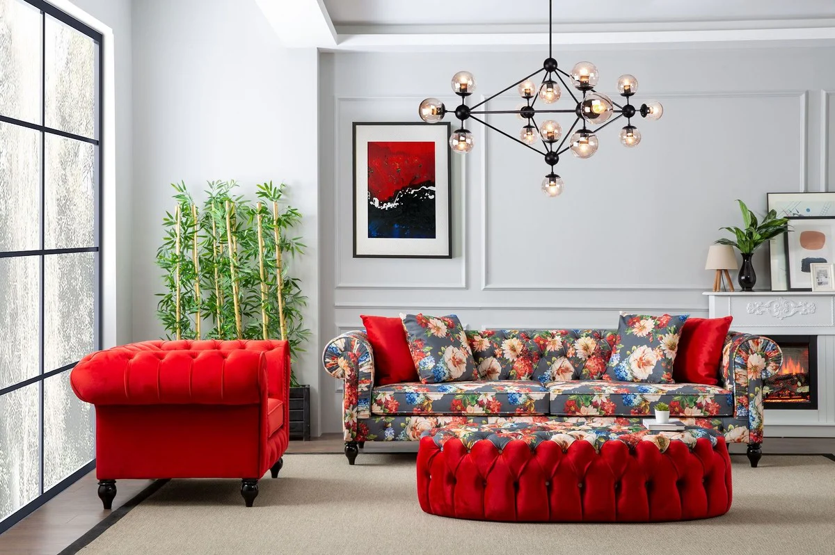 Luxus Chesterfield Wohnzimmer Sofa mit Blumenmuster Grau / Mehrfarbig / Schwarz 235 x 90 x H. 75 cm - Chesterfield Wohnzimmer Möbel - Luxus Wohnzimmer Möbel - Luxus Einrichtung