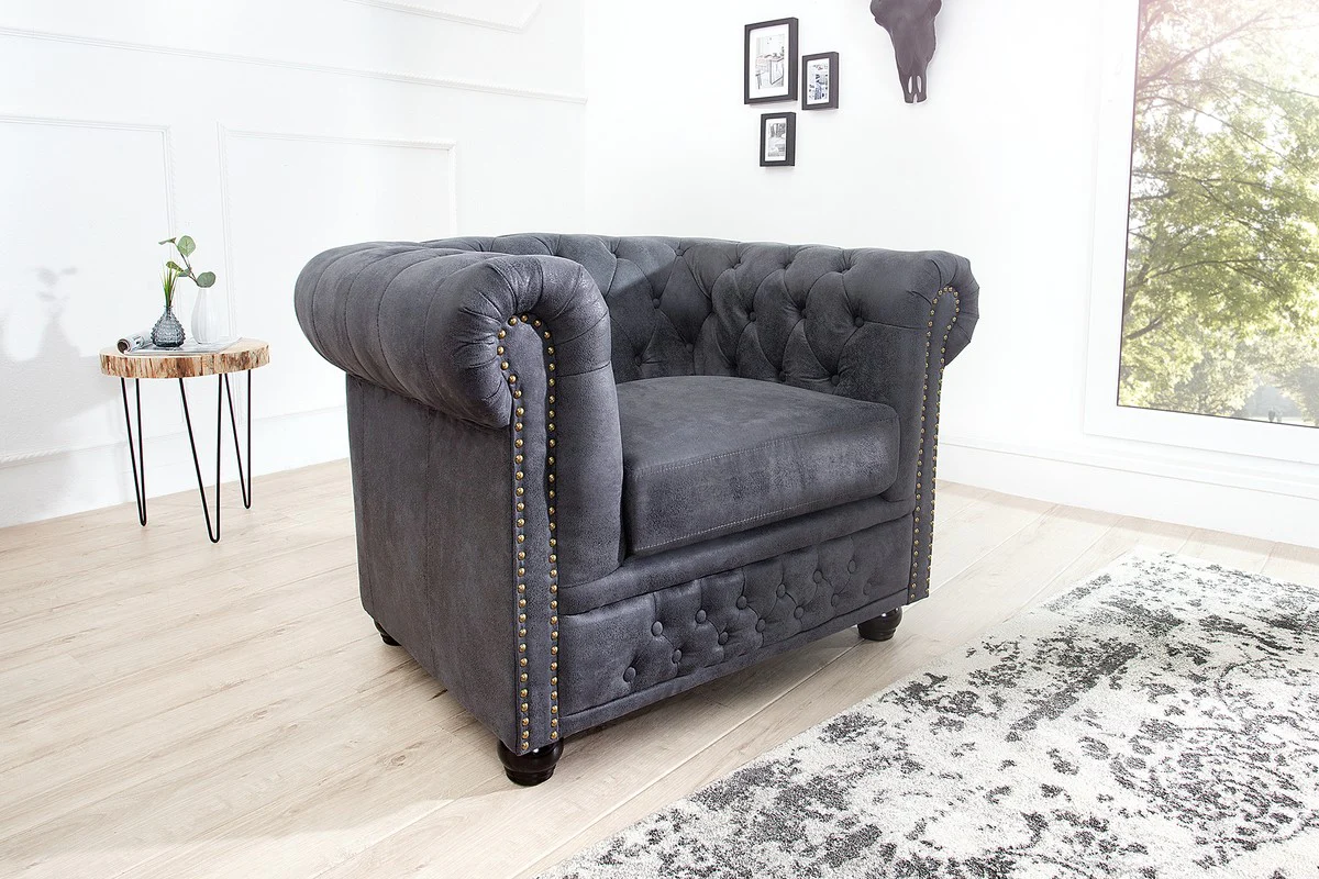 Chesterfield Sessel Antikgrau - Lounge Sessel Antik grau - Wohnzimmer Sessel