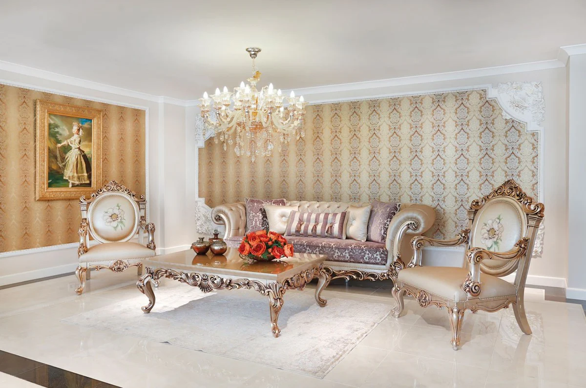 Luxus Barock Couchtisch Beige / Kupferfarben 133 x 92 x H. 45 cm - Prunkvoller Massivholz Wohnzimmertisch mit edlen Verzierungen - Barock Wohnzimmer Möbel