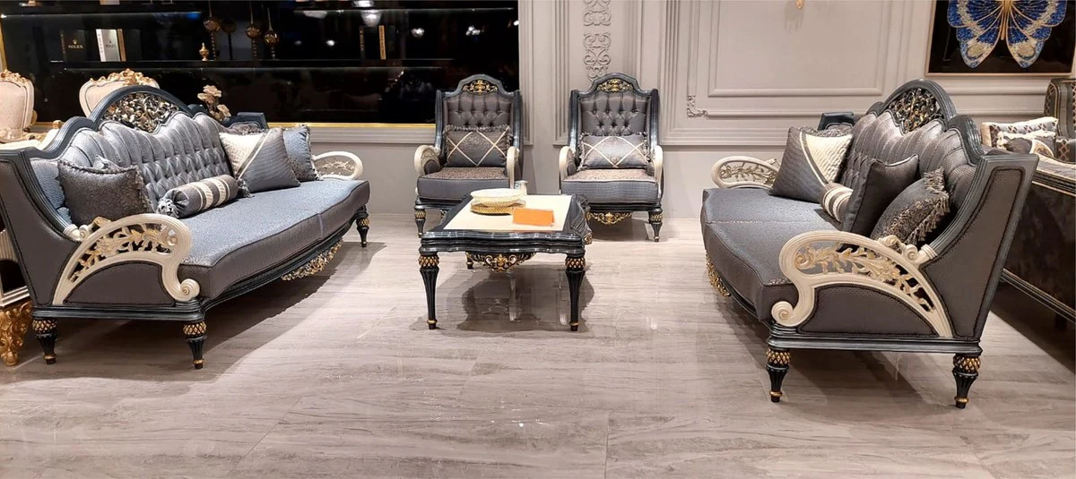 Luxus Barock Wohnzimmer Sofa Grau / Weiß / Gold 226 cm - Barock Wohnzimmer Möbel
