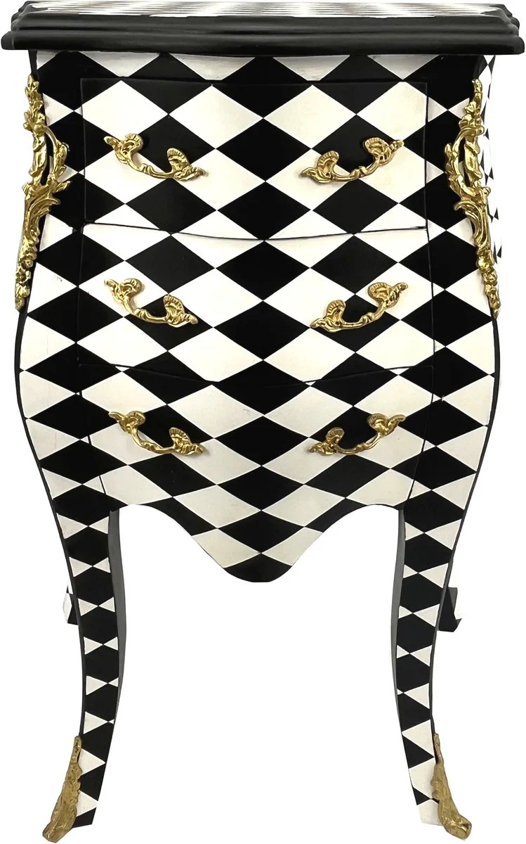 Barock Kommode Karo Design Schwarz / Weiß / Gold - Handgefertigte Barockstil Nachtkommode mit 3 Schubladen - Barock Möbel - Schlafzimmer Möbel im Barockstil - Edel & Prunkvoll