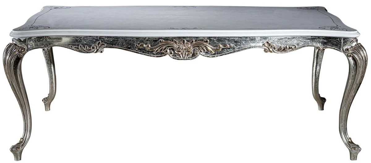 Luxus Barock Esszimmer Set Hellblau / Silber - 1 Esstisch & 6 Esszimmerstühle - Barock Esszimmer Möbel - Edel & Prunkvoll