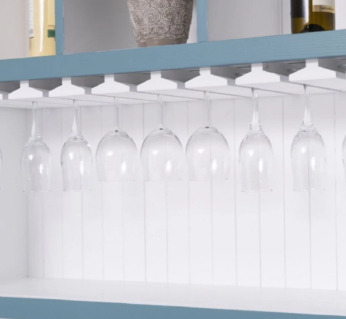 Landhausstil Massivholz Barschrank Blau / Weiß 103 x 36 x H. 210 cm - Massivholz Weinschrank im Landhausstil - Massivholz Bar Möbel - Landhausstil Bar Möbel