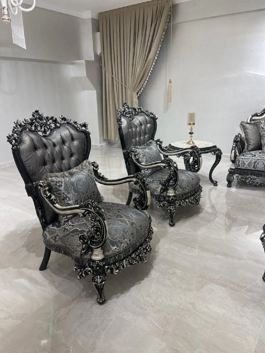 Luxus Barock Wohnzimmer Set Silber / Weiß / Schwarz / Gold - 2 Barock Sofas & 2 Barock Sessel & 1 Barock Couchtisch - Luxus Wohnzimmer Möbel im Barockstil - Barock Möbel