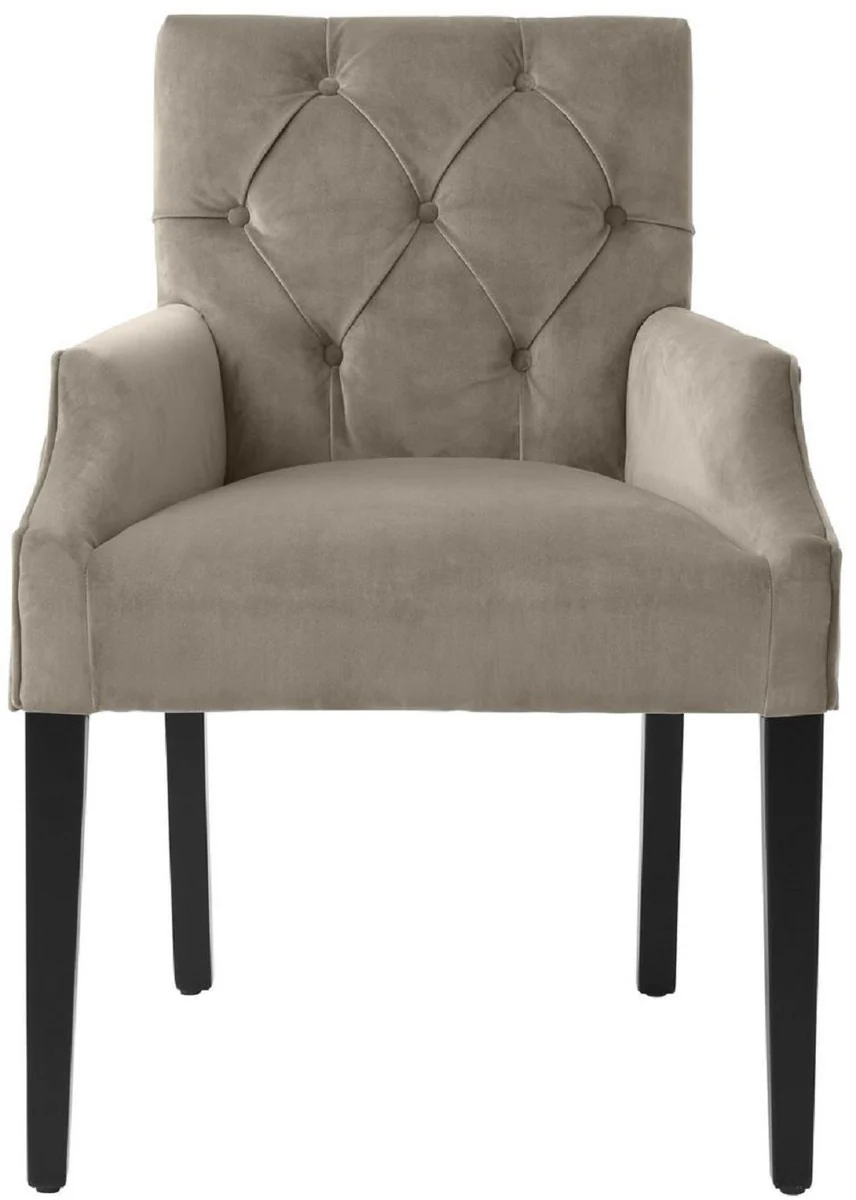 Luxus Esszimmerstuhl mit Armlehnen Greige / Schwarz 63 x 65 x H. 90 cm - Chesterfield Küchenstuhl mit edlem Samtstoff - Luxus Esszimmer Möbel