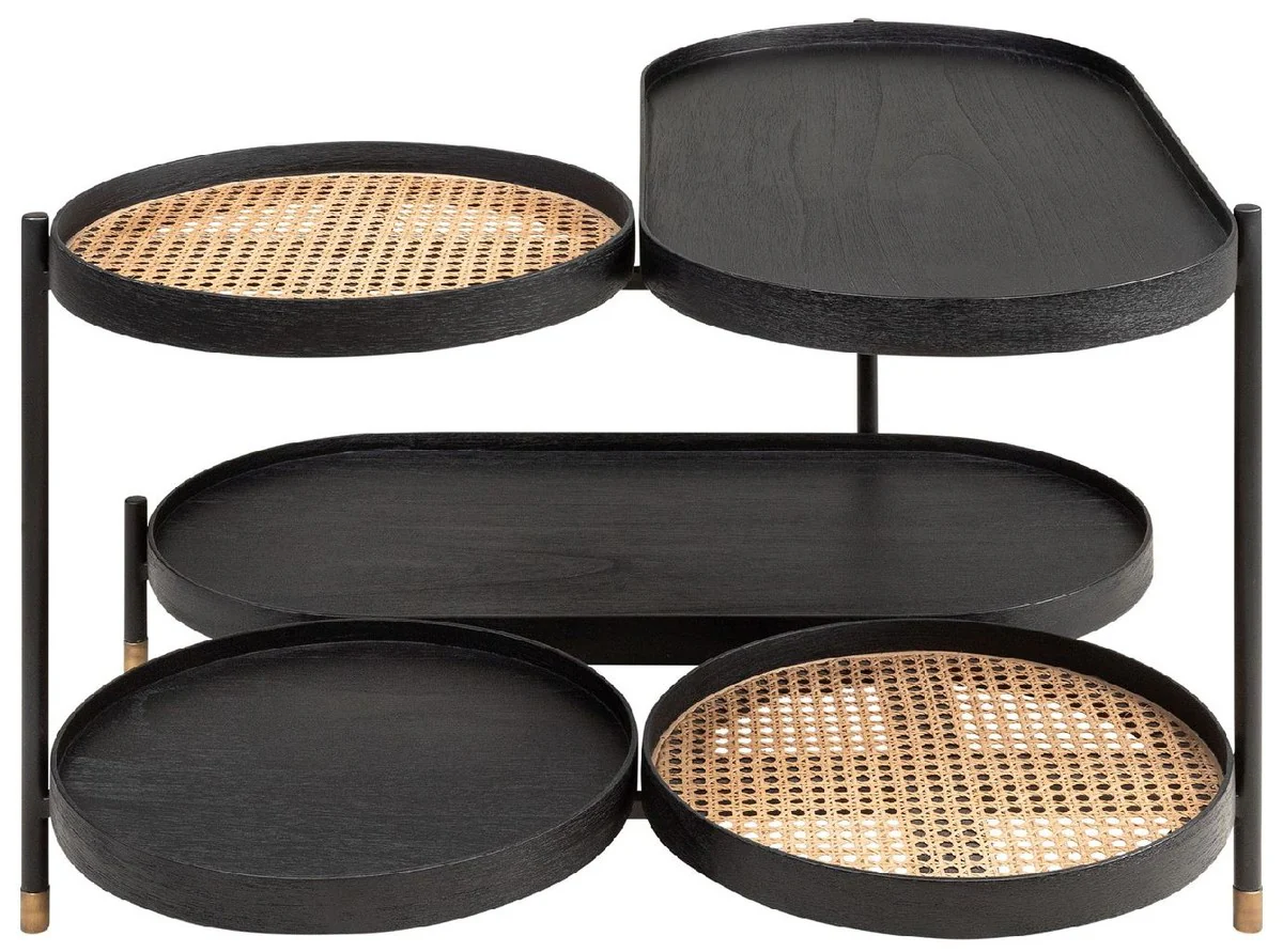 Luxus Couchtisch Schwarz / Naturfarben / Messing 82,8 x 83,5 x H. 53 cm - Mindiholz & Rattan Wohnzimmertisch mit Stahl Gestell - Wohnzimmer Möbel - Luxus Möbel - Luxus Einrichtung