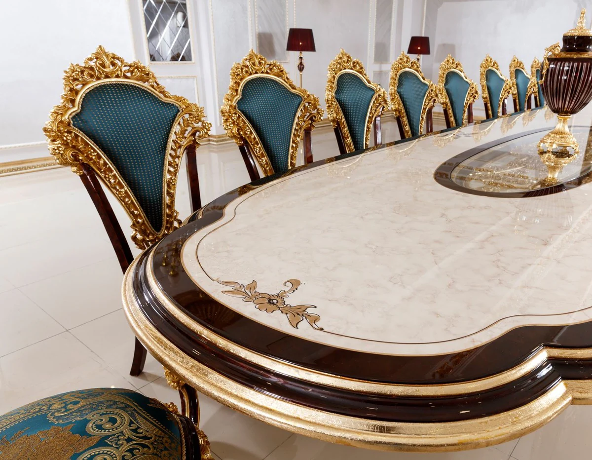 Luxus Barock Esszimmer Set Weiß / Braun / Blau / Gold - 1 Barock Esstisch & 22 Barock Esszimmerstühle - Hotel Möbel - Schloss Möbel - Palast Möbel - Luxus Möbel im Barockstil