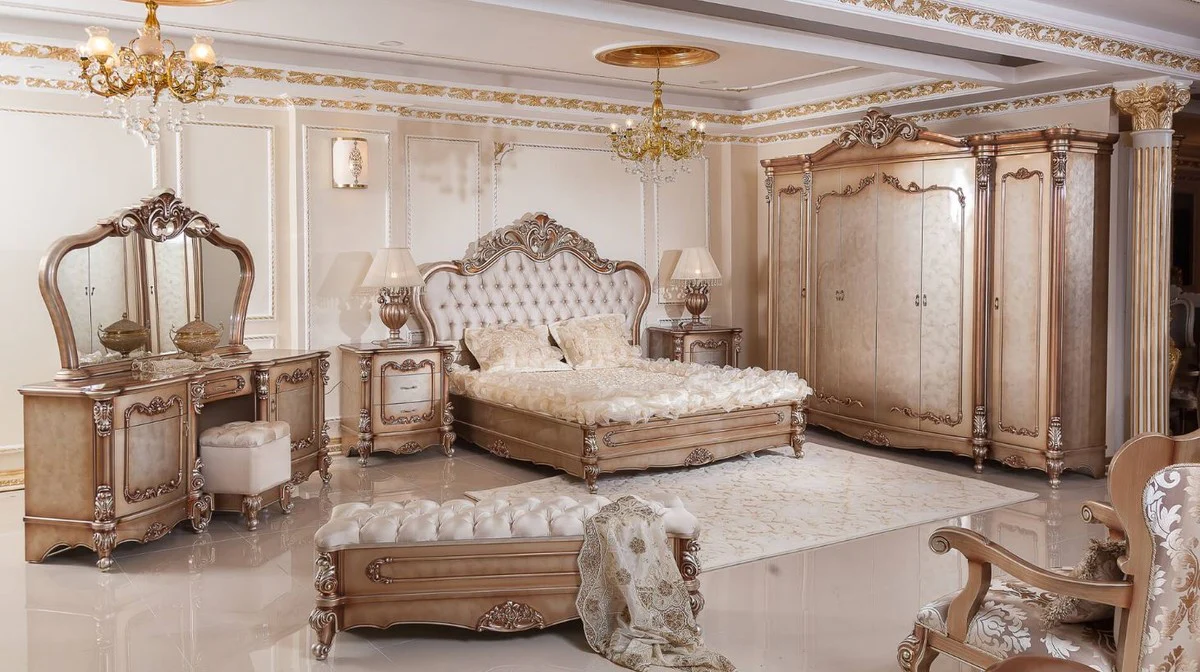 Luxus Barock Schlafzimmerschrank Kupferfarben / Silber - Prunkvoller Massivholz Kleiderschrank mit 6 Türen - Barock Schlafzimmer & Hotel Möbel - Edel & Prunkvoll