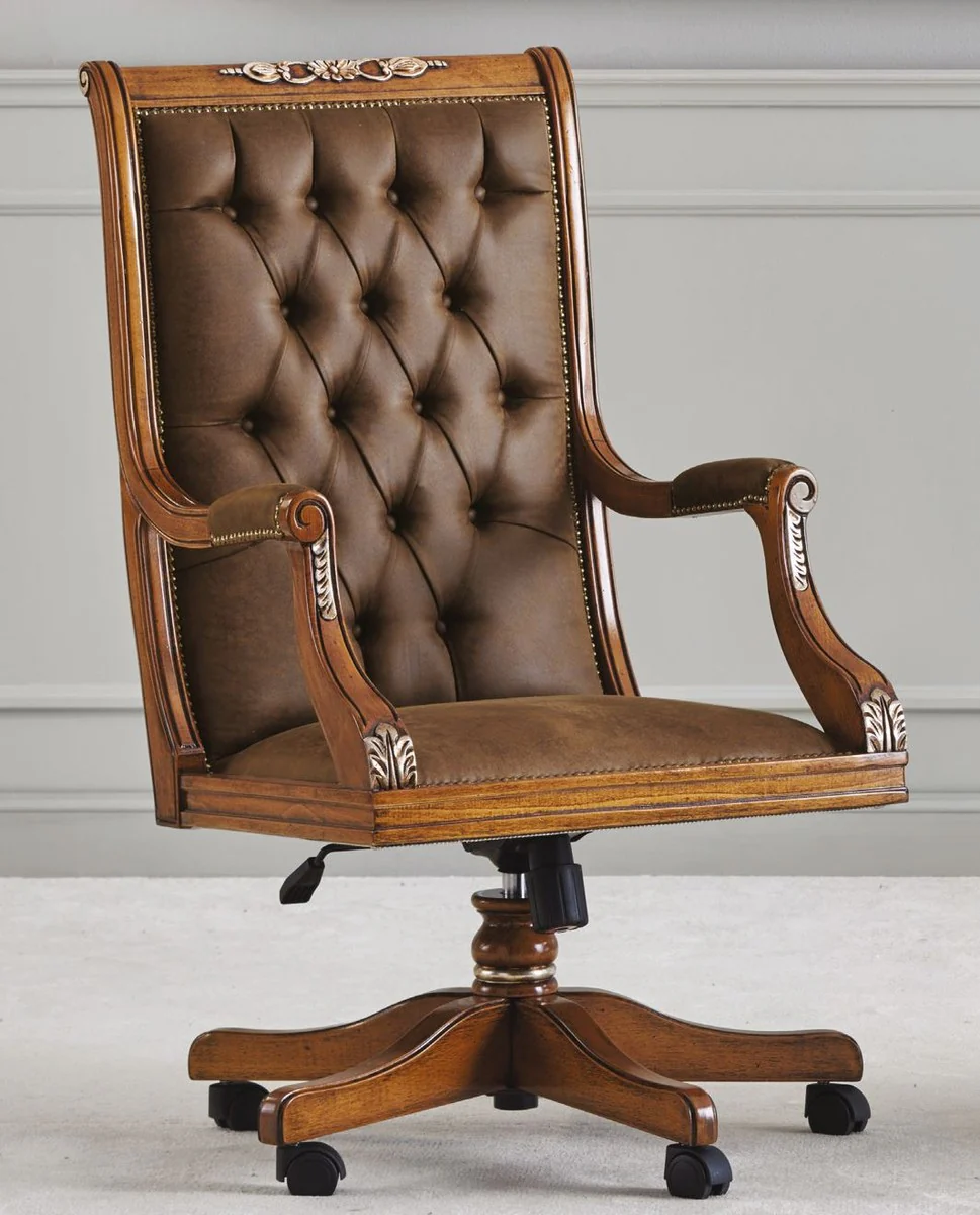 Luxus Barock Chesterfield Leder Schreibtischstuhl Braun - Höhenverstellbarer Barockstil Bürostuhl mit hochwertigem Echtleder - Barock Büro Möbel - Luxus Qualität - Made in Italy