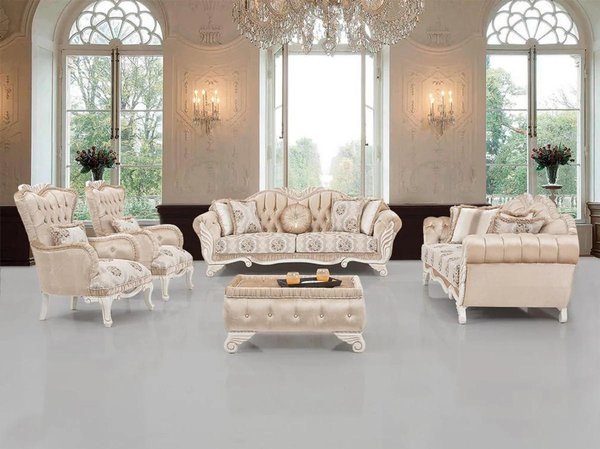 Luxus Barock Wohnzimmer Set Beige / Weiß - 2 Sofas & 2 Sessel & 1 Hocker - Wohnzimmer Möbel im Barockstil - Edel & Prunkvoll