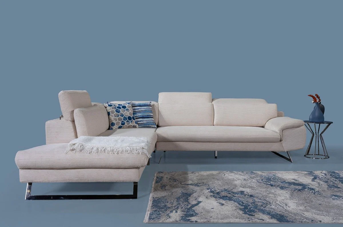 Luxus Ecksofa mit verstellbaren Rückenlehnen Creme / Silber 305 x 260 cm