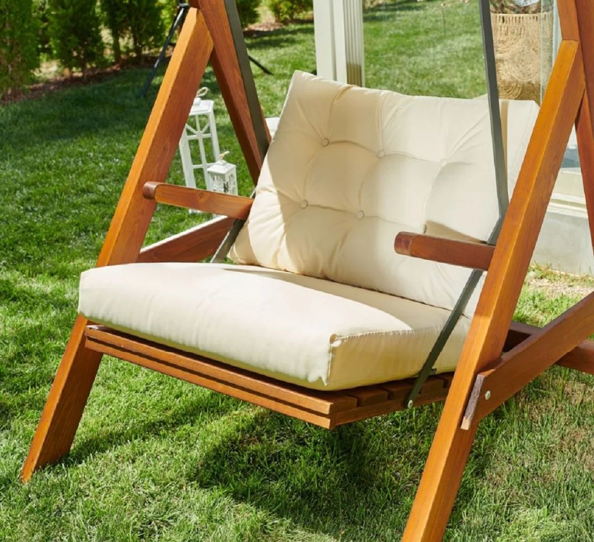 Luxus Hollywood Schaukel Cremefarben / Braun - Moderne Wetterfeste Garten Schaukel mit Sonnendach - Terrassen Möbel - Garten Möbel - Luxus Kollektion