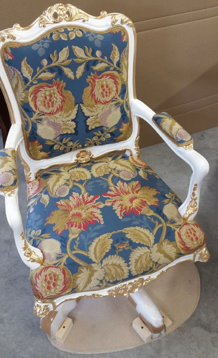 Luxus Barock Bürostuhl Mehrfarbig / Weiß / Gold - Prunkvoller handgefertigter Massivholz Schreibtischstuhl - Barock Büromöbel - Luxus Qualität - Made in Italy