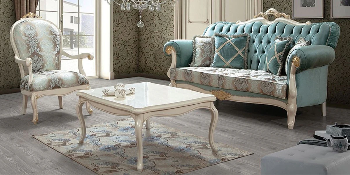 Luxus Barock Wohnzimmer Set Türkis / Braun / Cremefarben / Gold - 2 Sofas mit Muster & 2 Sessel mit Muster & 1 Couchtisch - Wohnzimmer Möbel im Barockstil - Edel & Prunkvoll