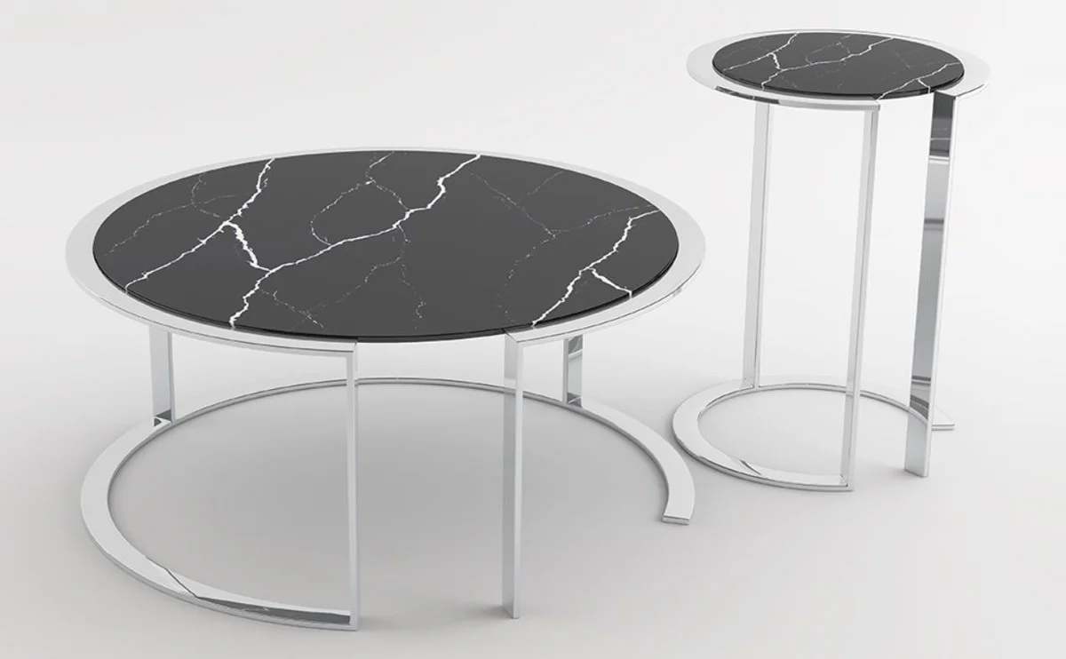 Luxus Wohnzimmer Set Silber / Schwarz - 1 Couchtisch mit Marmorplatte & 1 Beistelltisch mit Marmorplatte - Wohnzimmermöbel - Luxus Qualität