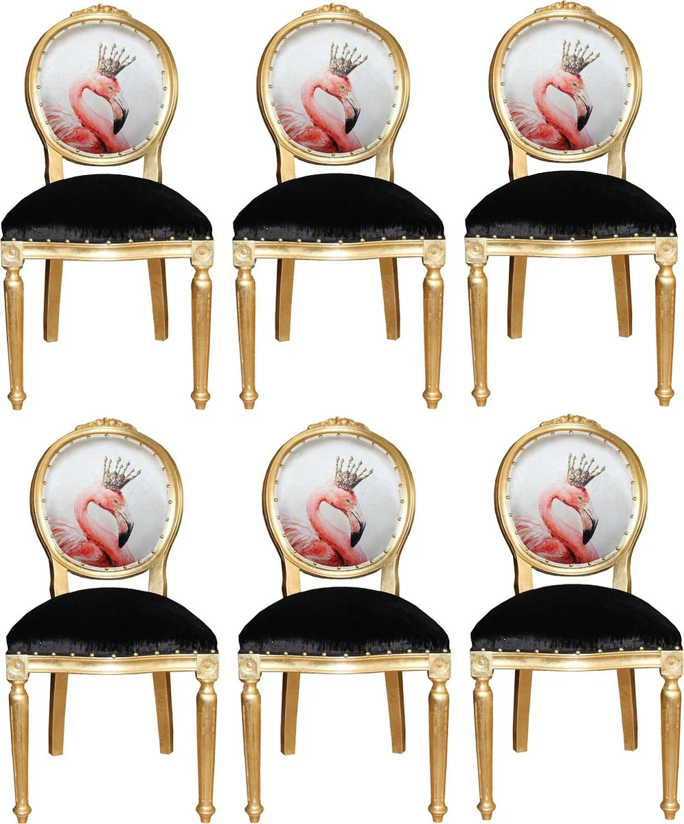 Luxus Barock Esszimmer Set Flamingo mit Krone Gold / Schwarz / Mehrfarbig 48 x 50 x H. 98 cm - 6 handgefertigte Esszimmerstühle mit Bling Bling Glitzersteinen - Barock Esszimmermöbel