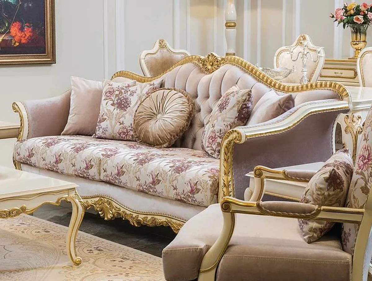 Luxus Barock Sofa Rosa / Weiß / Gold 228 x 88 x H. 108 cm - Edles Wohnzimmer Sofa mit Blumenmuster und dekorativen Kissen - Barock Wohnzimmer Möbel