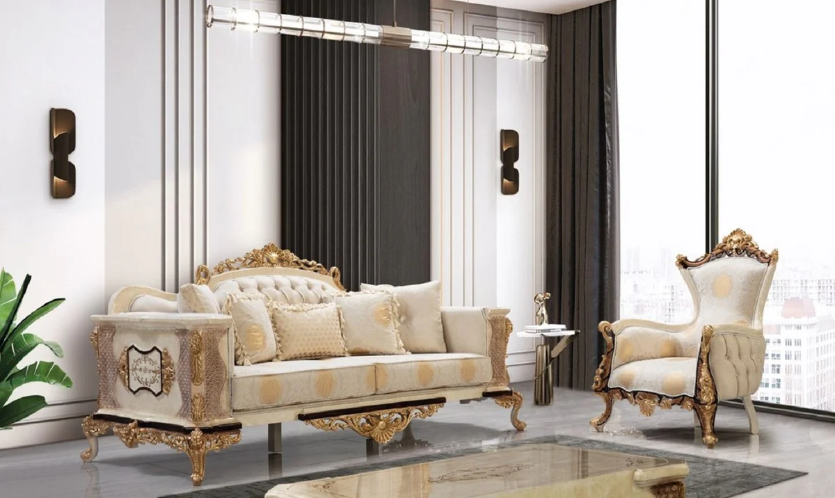 Luxus Barock Sofa Weiß / Beige / Creme / Schwarz / Gold - Barockstil Wohnzimmer Sofa mit elegantem Muster - Luxus Wohnzimmer Möbel im Barockstil - Barock Möbel - Barock Einrichtung