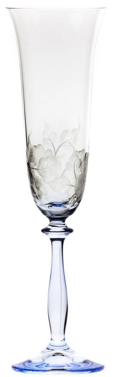 Luxus Barock Champagnerglas 6er Set Blau Ø 7 x H. 24,5 cm - Handgefertigte und handgravierte Champagnergläser mit Blumen Design - Hotel & Restaurant Accessoires