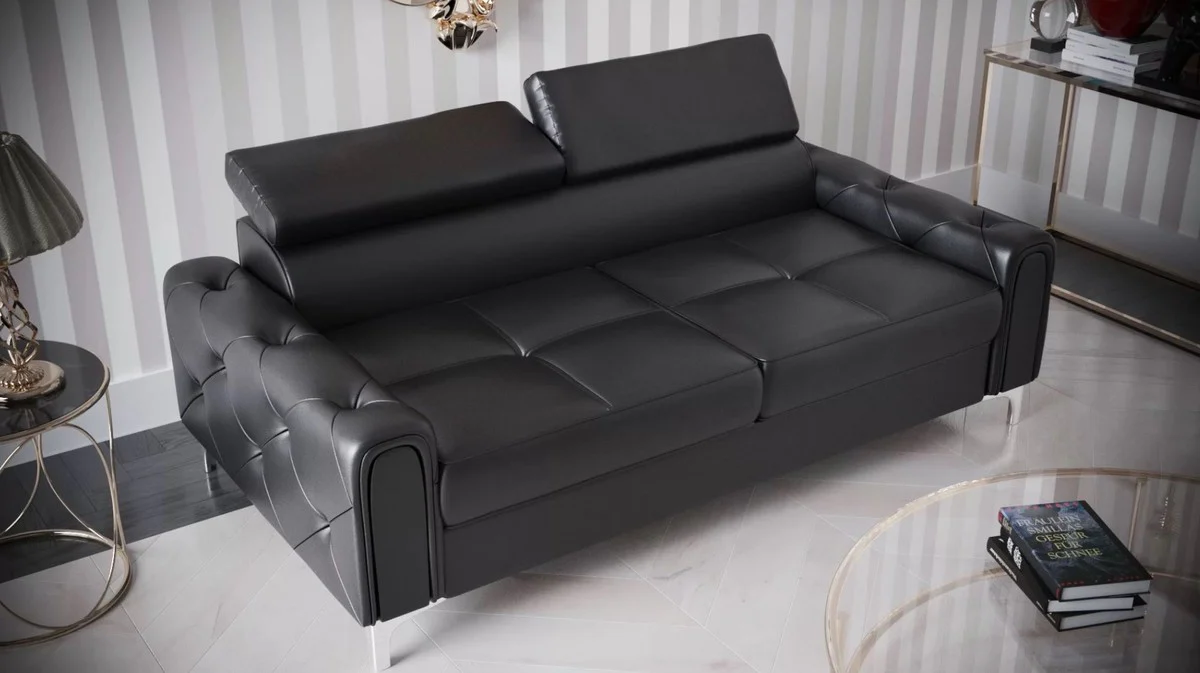Luxus Leder Sofa Schwarz / Silber 185 x 97 x H. 78-99 cm - Naturleder Wohnzimmer Sofa mit verstellbaren Kopfstützen - Wohnzimmer Möbel - Leder Möbel - Luxus Möbel