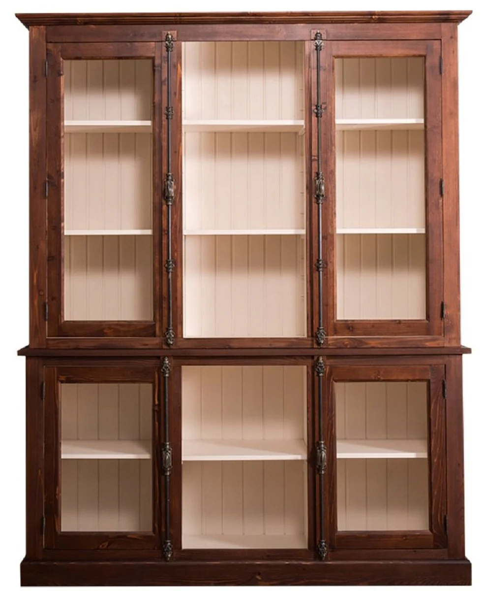 Landhausstil Wohnzimmerschrank Dunkelbraun / Creme 184 x 48 x H. 228 cm - Massivholz Vitrinenschrank mit 4 Glastüren