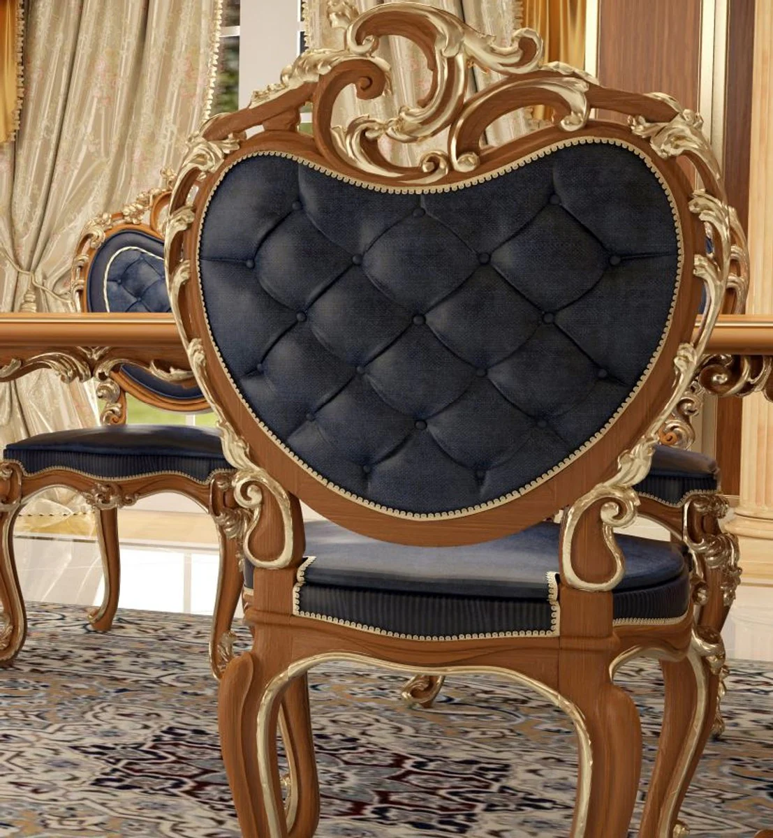 Luxus Barock Esszimmer Stuhl Set Dunkelblau / Braun / Gold 57 x 62 x H. 105 cm - Prunkvolles Küchen Stühle 6er Set - Hotel Restaurant Schloss Möbel - Luxus Qualität - Made in Italy