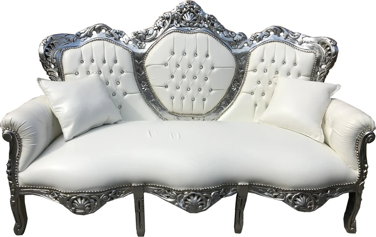 Barock 3er Sofa King Weiß Lederoptik / Silber mit Bling Bling Glitzersteinen - Wohnzimmer Couch Möbel Lounge