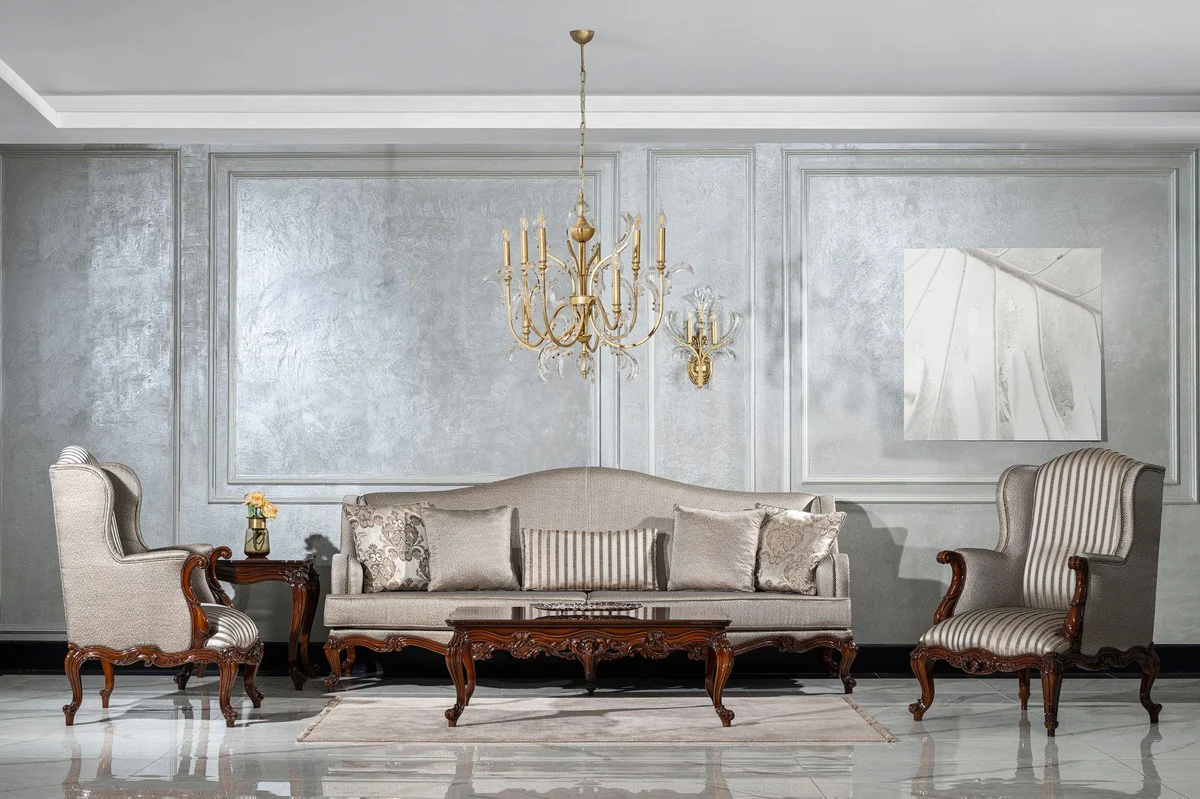 Luxus Barock Wohnzimmer Sofa Silber / Braun - Handgefertigtes Barockstil Sofa mit dekorativen Kissen - Luxus Wohnzimmer Möbel im Barockstil - Barock Möbel - Edel & Prunkvoll