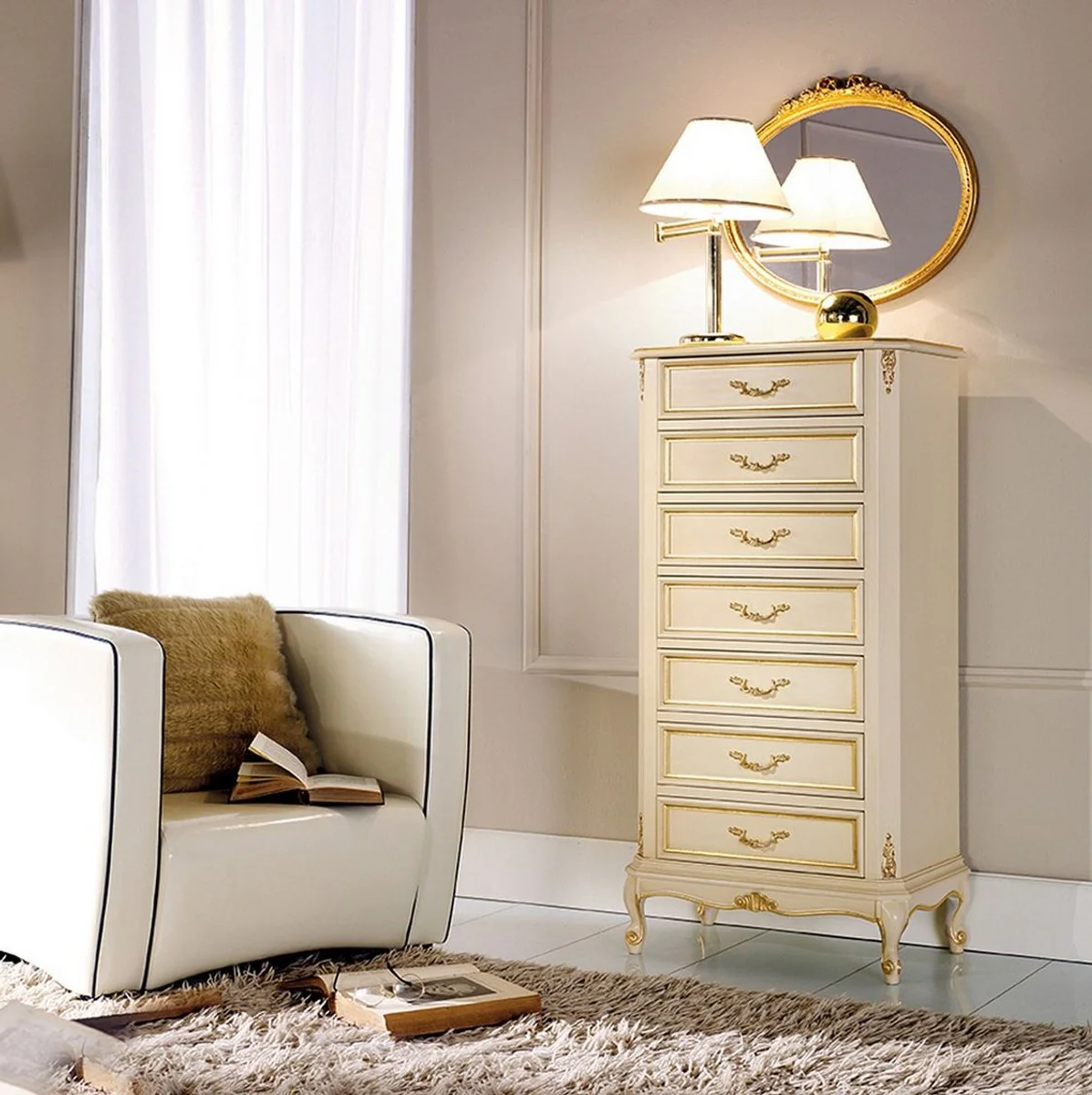 Luxus Barock Kommode Creme / Gold - Handgefertigte Barockstil Massivholz Kommode mit 7 Schubladen - Handgefertigte italienische Barock Möbel - Luxus Qualität - Made in Italy