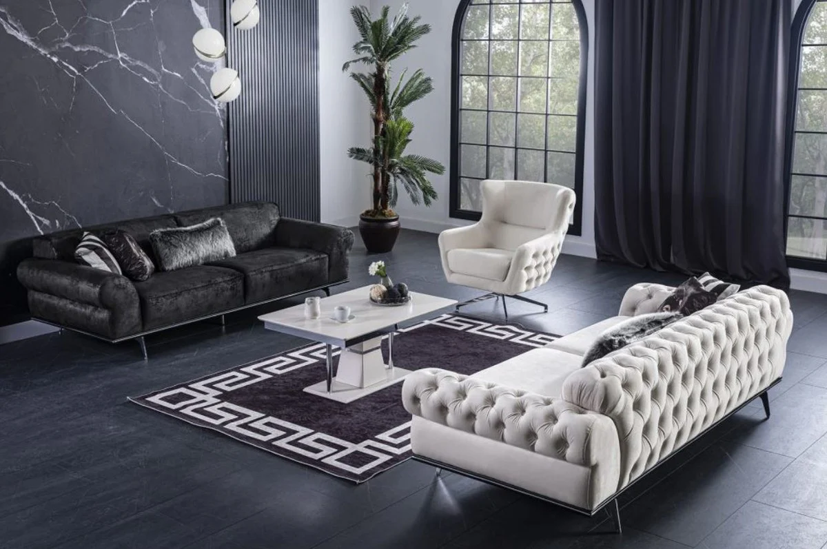 Luxus Art Deco Wohnzimmer Sofa Schwarz / Silber 240 x 95 x H. 63 cm - Luxus Wohnzimmer Möbel