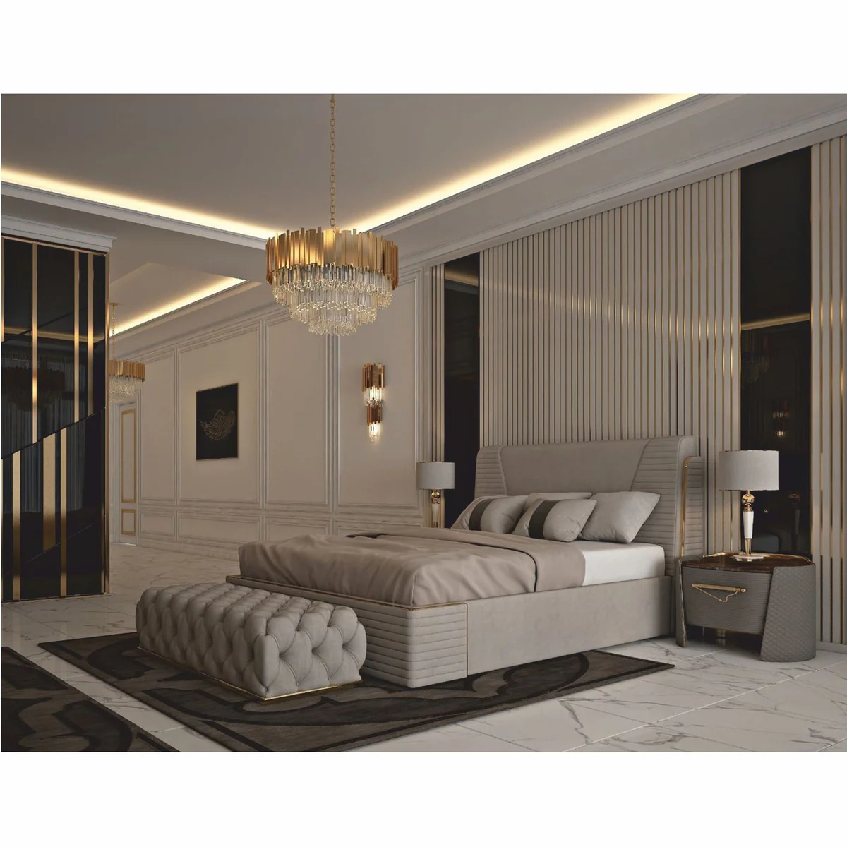 Luxus Doppelbett Grau / Gold - Hotel & Schlafzimmer Interior