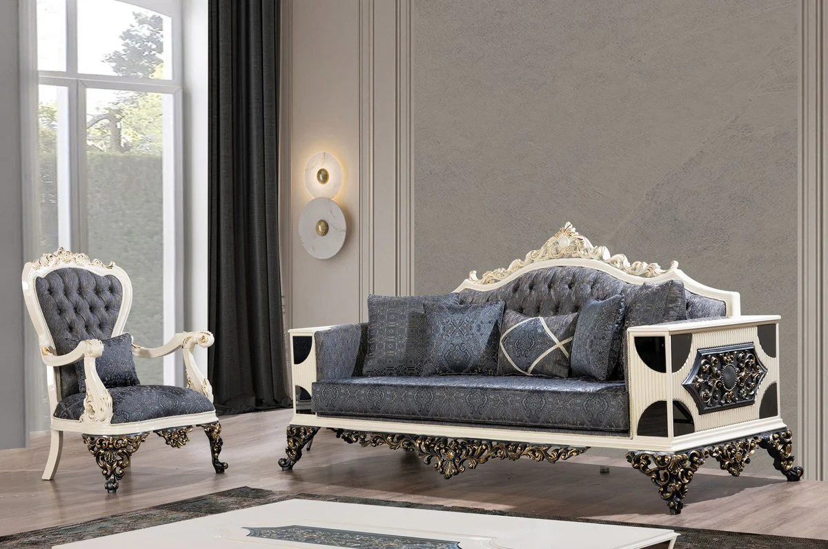 Luxus Barock Sofa Blau / Weiß / Schwarz / Gold - Barockstil Wohnzimmer Sofa mit elegantem Muster - Luxus Wohnzimmer Möbel im Barockstil - Barock Möbel - Barock Einrichtung