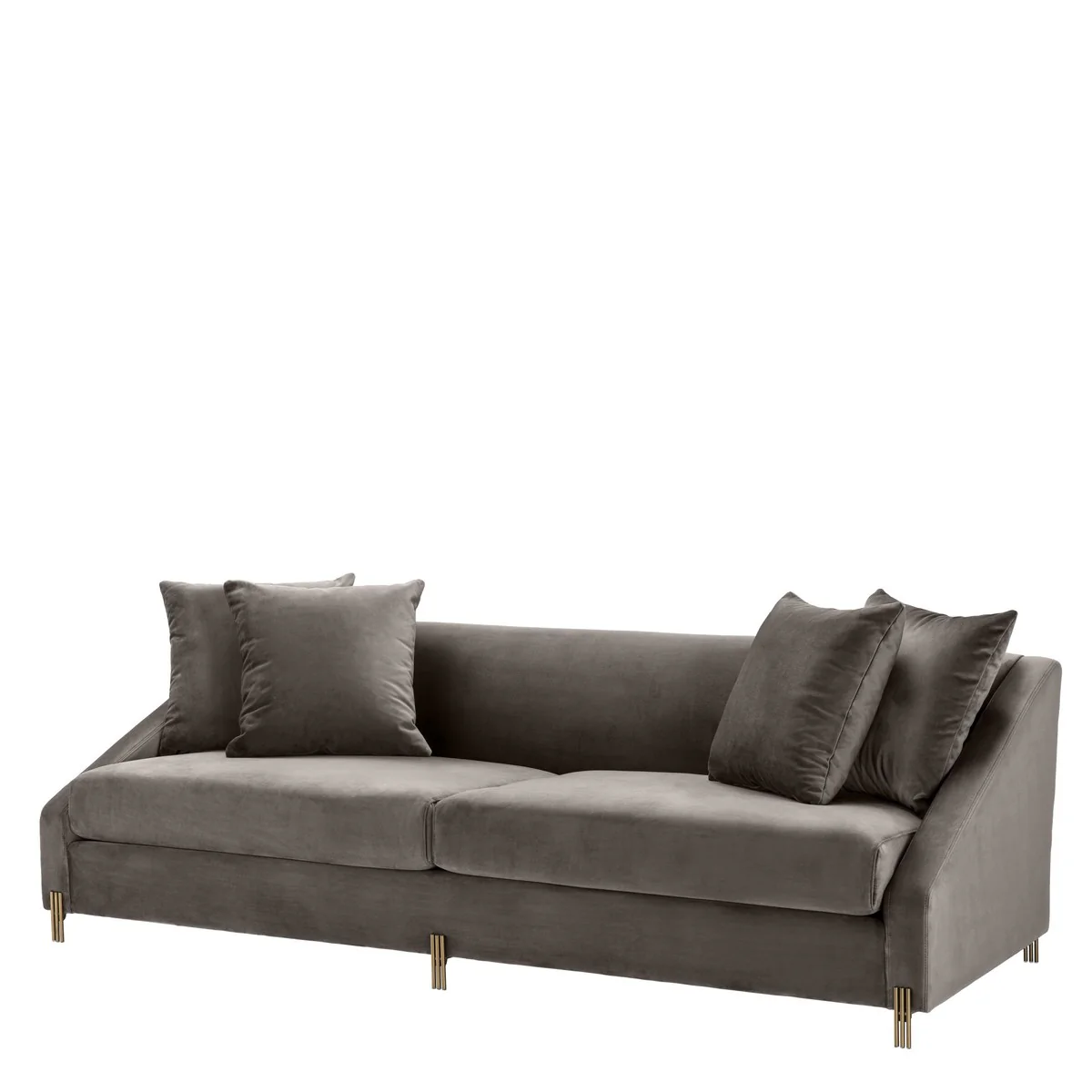 Luxus Samtsofa Grau / Messingfarben 223 x 94 x H. 73 cm - Wohnzimmer Sofa mit 4 Kissen - Luxus Möbel